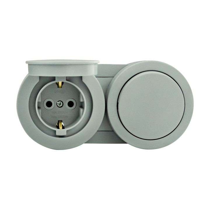 Вимикач 1-клавішний + Розетка з заземленням з кришкою сірий xOne · HOROZ ELECTRIC · vikljuchatel-1-kl-rozetka-z-zazemlenniam-z-kryshkoyu-siryi-xone