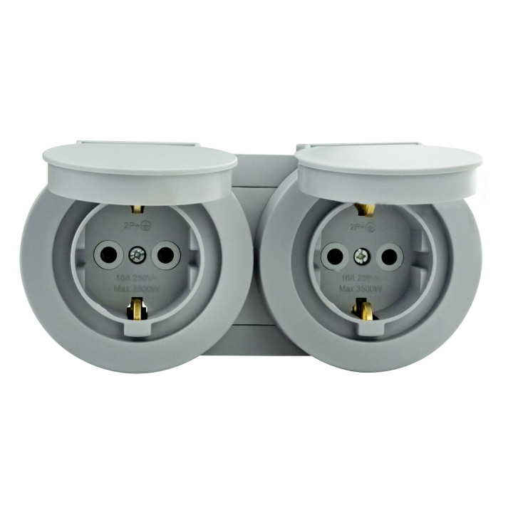 Розетка подвійна з заземленням з кришкою сіра xOne · HOROZ ELECTRIC · rozetka-podviyna-z-zazemleniem-z-kryshkoyiu-xone