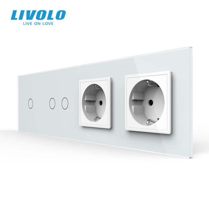 Сенсорний вимикач 3 сенсора (1-2) 2 розетки Livolo білий скло (VL-C701/C702/C7C2EU-11) · LIVOLO · VL-C701/C702/C7C2EU-11