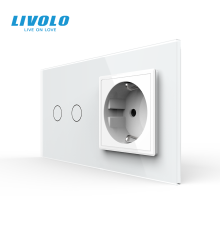 Сенсорний вимикач 2 сенсора 1 розетка Livolo білий скло (VL-C702/C7C1EU-11)