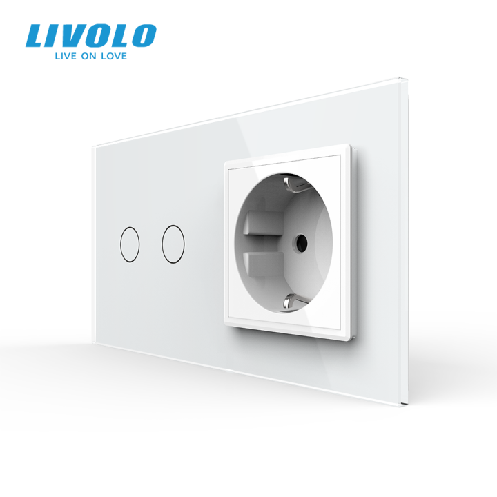 Сенсорний вимикач 2 сенсора 1 розетка Livolo білий скло (VL-C702/C7C1EU-11) · LIVOLO · VL-C7FC2/FCTC16A-4WP