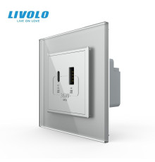 Розетка USB-A та USB-C з Power Delivery 36W Livolo сірий скло (VL-C7FCUA18W.UC18W-2IP)