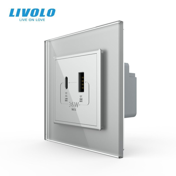 Розетка USB-A та USB-C з Power Delivery 36W Livolo сірий скло (VL-C7FCUA18W.UC18W-2IP) · LIVOLO · VL-C7FCUA18W.UC18W-2IP