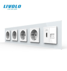 Розетка п’ятимісна з HDMI і Інтернет RJ-45, LIVOLO біла, настінна, скляна рамка
