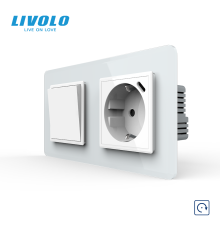 Вимикач без фіксації LIVOLO з розеткою та USB Type-C 18Вт, білий 2.5D, скло, із заземленням і захисними шторками