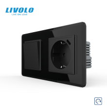 Вимикач без фіксації LIVOLO з розеткою та USB Type-C 18Вт, чорний 2.5D, скло, із заземленням і захисними шторками
