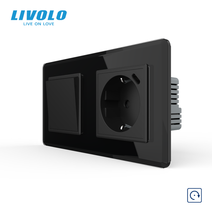 Вимикач без фіксації LIVOLO з розеткою та USB Type-C 18Вт, чорний 2.5D, скло, із заземленням і захисними шторками · LIVOLO · VL-C7FCMH2/FCTF16A.UC18W-4BS05