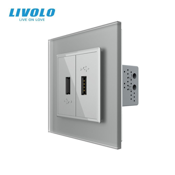 Розетка подвійна USB з блоком живлення LIVOLO сіра матова скло · LIVOLO · VL-C7FCUA/FCUA-2IS06