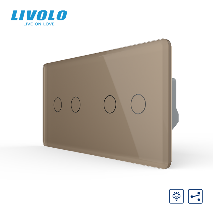 Сенсорний прохідний димер LIVOLO, 4 сенсори (2-2), золотий 2.5D, скло · LIVOLO · VL-C7FC2SD/FC2SD-4AS05