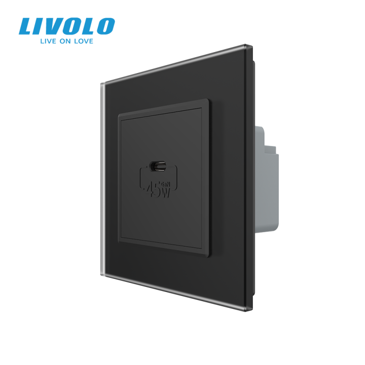 Розетка USB Type-C з Power Delivery 45W LIVOLO чорна матова скло · LIVOLO · VL-C7FCUC-2BS06