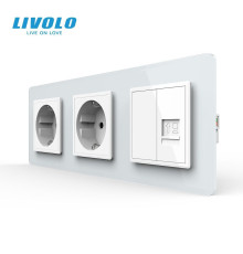Розетка тримісна комбінована Силова Інтернет LIVOLO біла 2.5D скло