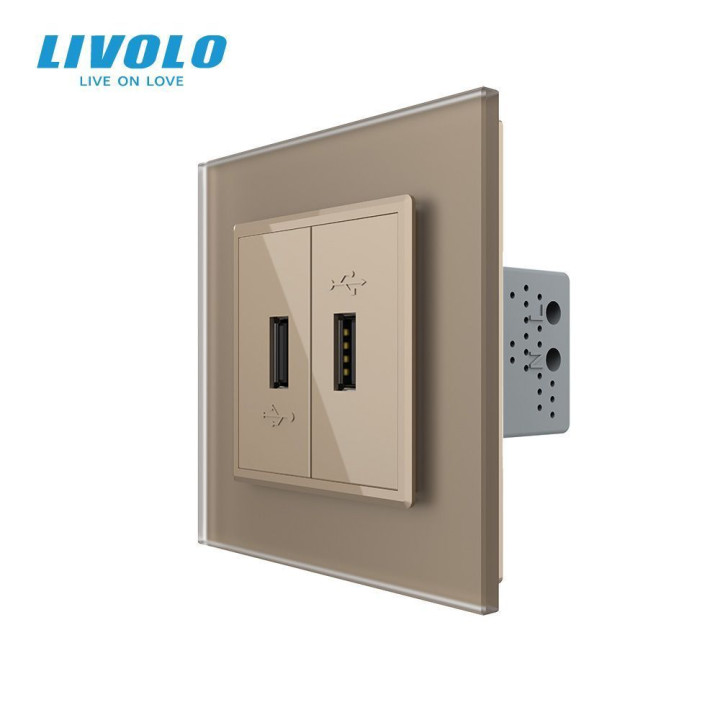 Розетка подвійна USB з блоком живлення LIVOLO золота матова скло · LIVOLO · VL-C7FCUA/FCUA-2AS06