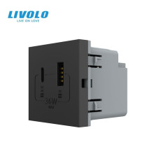 Розетка LIVOLO USB-A + USB-C PD 36Вт, чорна, швидке заряджання, Power Delivery QC 3.0, модуль (VL-FCUA18W.UC18W-2BP)