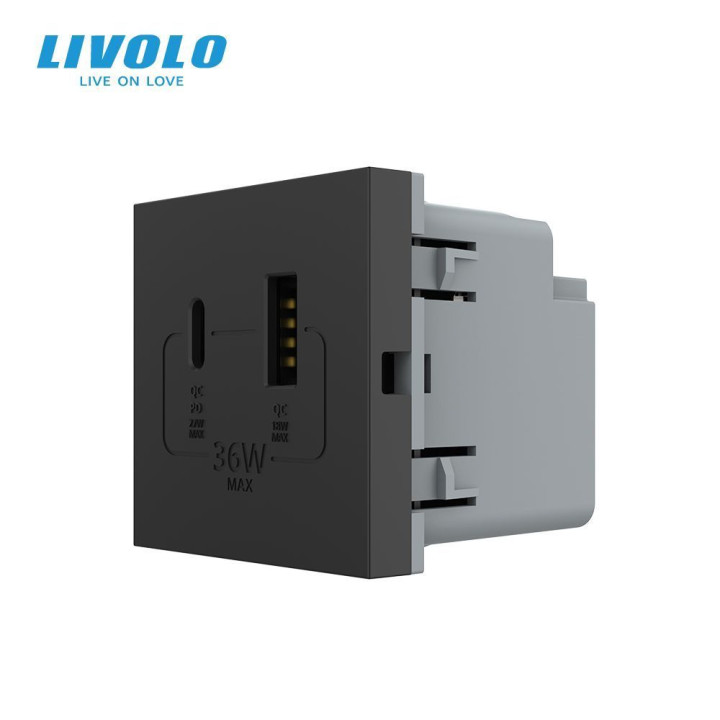 Розетка LIVOLO USB-A + USB-C PD 36Вт, чорна, швидке заряджання, Power Delivery QC 3.0, модуль (VL-FCUA18W.UC18W-2BP) · LIVOLO · VL-FCUA18W.UC18W-2BPS24