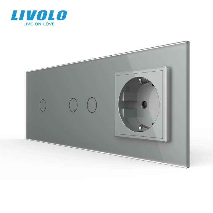 Сенсорний прохідний димер LIVOLO 3 сенсори (1-2) з розеткою, сірий скло, 16A 230V, заземлення, захисні шторки · LIVOLO · VL-C7FC1SD/FC2SD/FCTC16A-6IP