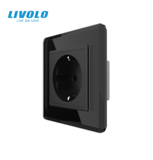 Електрична розетка з заземленням LIVOLO, чорна, скляна 2.5D рамка, шторки, 250В 16А