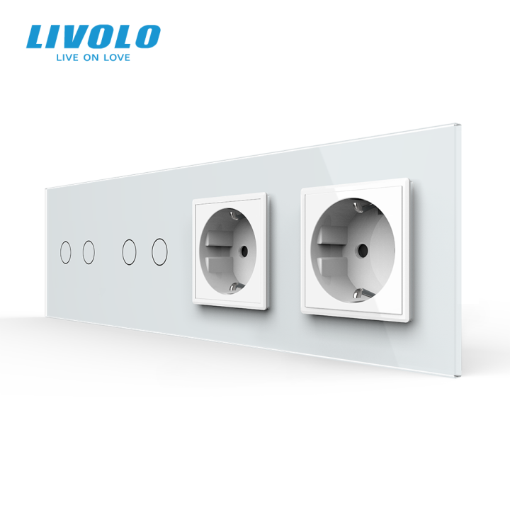 Сенсорний вимикач 4 сенсора (2-2) 2 розетки Livolo білий скло (VL-C702/C702/C7C2EU-11) · LIVOLO · VL-C702/C702/C7C2EU-11