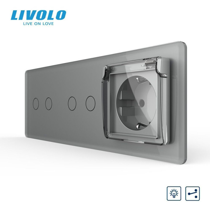 Прохідний сенсорний димер LIVOLO 4 сенсори (2-2) з розеткою IP44, кришка, сірий 2.5D скло, 16A 230V, заземлення · LIVOLO · VL-C7FC2SD/FC2SD/FCTC16A/XW001-6IS05