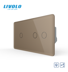 Сенсорний прохідний димер LIVOLO, 3 сенсори (1-2), золотий 2.5D, скло
