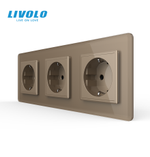 Потрійна електрична розетка з заземленням LIVOLO, золота, скляна 2.5D рамка, шторки, 250В 16А