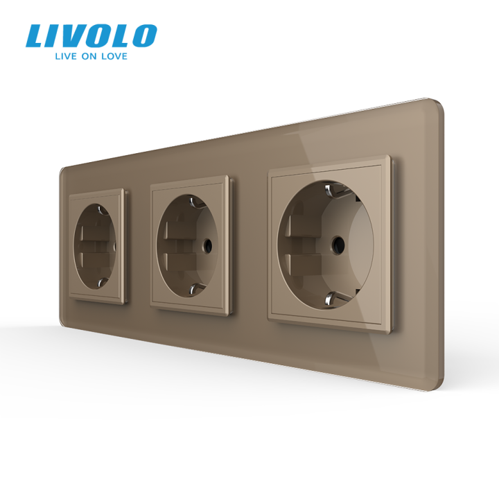 Потрійна електрична розетка з заземленням LIVOLO, золота, скляна 2.5D рамка, шторки, 250В 16А · LIVOLO · VL-C7FCTC16A-6AS05