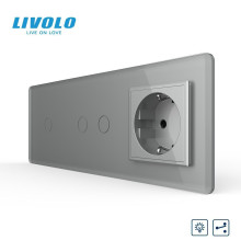 Сенсорний прохідний димер LIVOLO 3 сенсори (1-2) з розеткою, сірий 2.5D скло, 16A 230V, заземлення, захисні шторки