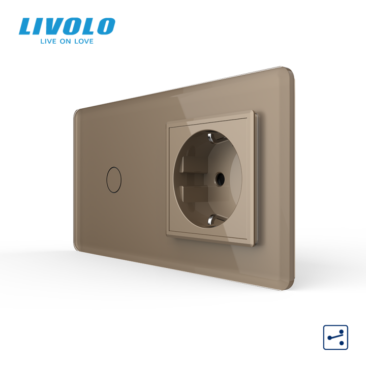 Сенсорний прохідний/перехресний вимикач 1 сенсор 1 розетка LIVOLO золото 2.5D скло · LIVOLO · VL-C7FC1S/FCTC16A-4AS05