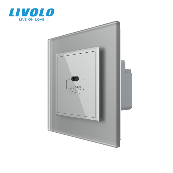 Розетка USB Type-C з Power Delivery 45W LIVOLO сіра матова скло · LIVOLO · VL-C7FCUC-2IS06