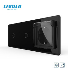 Прохідний сенсорний димер LIVOLO 2 сенсори (1-1) з розеткою IP44, кришка, 16A 230V, заземлення, чорний 2.5D скло