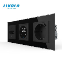 Розумний терморегулятор + прохідний сенсорний димер + USB Type-C 18Вт LIVOLO, чорний скляний