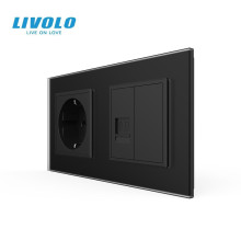 Розетка двомісна комбінована Силова Інтернет LIVOLO чорна матова скло