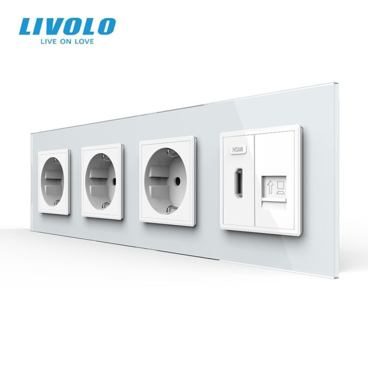 Розетка чотиримісна з HDMI і Інтернет RJ-45, LIVOLO біла, настінна, скляна рамка · LIVOLO · VL-C7FCTC16A/FCHD/FCCP-8WP