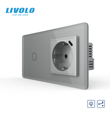 Прохідний сенсорний димер LIVOLO з розеткою та USB Type-C 18Вт, сірий 2.5D, із заземленням і захисними шторками