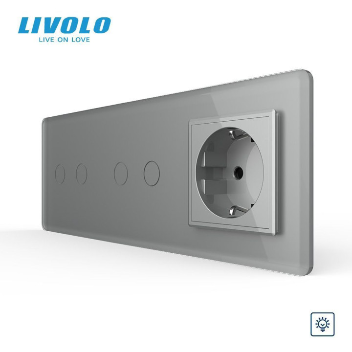 Сенсорний димер LIVOLO 4 сенсори (2-2) з розеткою, сірий 2.5D, скло, 16A 230V, із заземленням, захисні шторки · LIVOLO · VL-C7FC2D/FC2D/FCTC16A-6IS05