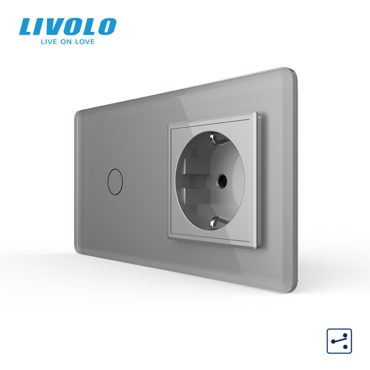 Сенсорний прохідний/перехресний вимикач 1 сенсор 1 розетка LIVOLO сірий 2.5D скло · LIVOLO · VL-C7FC1S/FCTC16A-4IS05