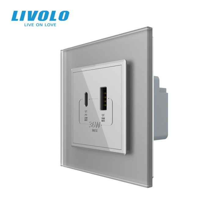 Розетка USB-A та USB-C з Power Delivery 36W LIVOLO сіра матова скло · LIVOLO · VL-C7FCUA18W.UC18W-2IS06