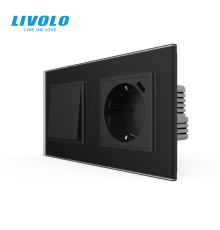 Перехресний вимикач LIVOLO з розеткою та USB Type-C 18Вт, чорний матовый, скло, із заземленням і захисними шторками