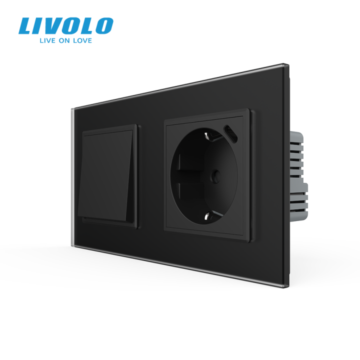 Перехресний вимикач LIVOLO з розеткою та USB Type-C 18Вт, чорний матовый, скло, із заземленням і захисними шторками · LIVOLO · VL-C7FCMM10A2/FCTF16A.UC18W-4BS06
