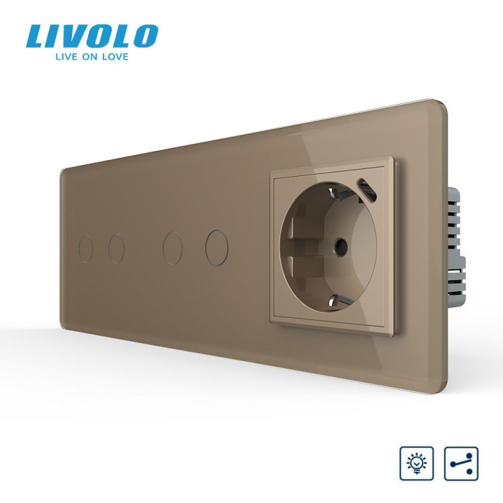 Прохідний сенсорний димер LIVOLO 4 сенсори (2-2) з розеткою з USB Type-C 18Вт, золотий 2.5D скло, заземлення · LIVOLO · VL-C7FC2SD/FC2SD/FCTF16A.UC18W-6AS05