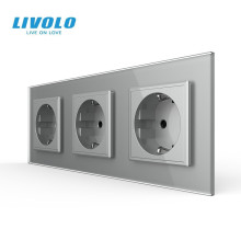 Потрійна електрична розетка з заземленням LIVOLO, сіра, скляна рамка, шторки, 250В 16А (VL-C7C3EU-15)