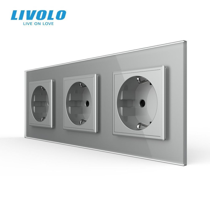 Потрійна електрична розетка з заземленням LIVOLO, сіра, скляна рамка, шторки, 250В 16А (VL-C7C3EU-15) · LIVOLO · VL-C7FCTC16A-6IP