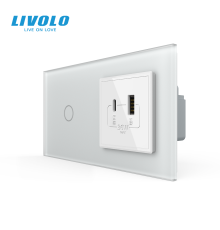 Сенсорний (дотиковий) вимикач LIVOLO з розеткою USB-A + USB-C 36Вт білий матовый скляна рамка