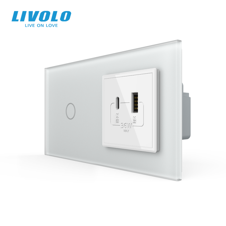 Сенсорний (дотиковий) вимикач LIVOLO з розеткою USB-A + USB-C 36Вт білий матовый скляна рамка · LIVOLO · VL-C7FC1/FCUA18W.UC18W-4WS06
