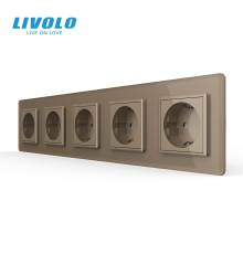 П’ятимісна електрична розетка з заземленням LIVOLO, золота, скляна 2.5D рамка, шторки, 250В 16А