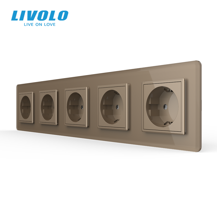П’ятимісна електрична розетка з заземленням LIVOLO, золота, скляна 2.5D рамка, шторки, 250В 16А · LIVOLO · VL-C7FCTC16A-10AS05