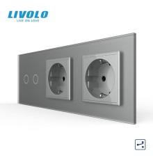Сенсорний прохідний/перехресний вимикач 2 сенсора 2 розетки LIVOLO сірий матове скло
