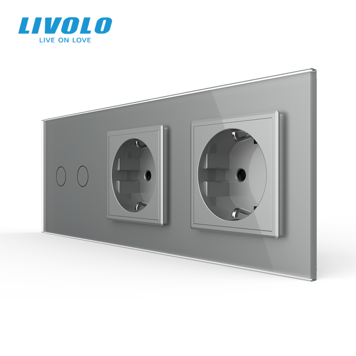 Сенсорний прохідний димер LIVOLO 2 сенсори з 2 розетками, сірий, скло, 2A 230V · LIVOLO · VL-C7FC2SD/FCTC16A/FCTC16A-6IP