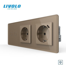 Подвійний сенсорний димер LIVOLO з розеткою та розеткою з USB Type-C 18Вт, заземлення, золотий 2.5D, скло, 16A 230V