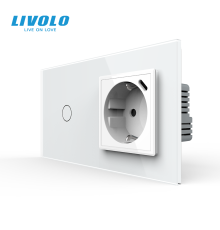 Сенсорний вимикач LIVOLO з розеткою та USB Type-C 18Вт, білий, скло, із заземленням і шторками, 16А 230В
