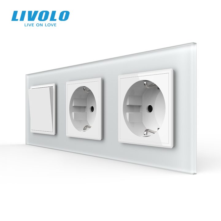 Одноклавішний вимикач з подвійною розеткою LIVOLO білий матовий скло · LIVOLO · VL-C7FCMK/FCTC16A/FCTC16A-6WS06